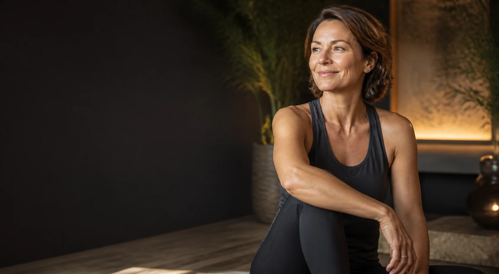 A confident woman relaxing in a warm wellness studio