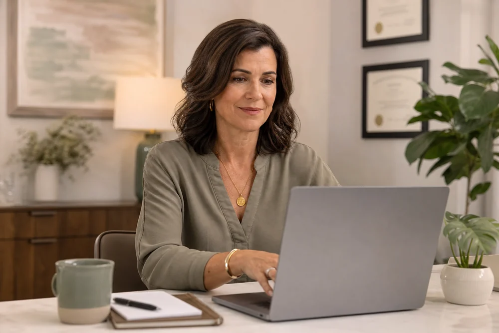 A professional reviewing information during a telehealth session