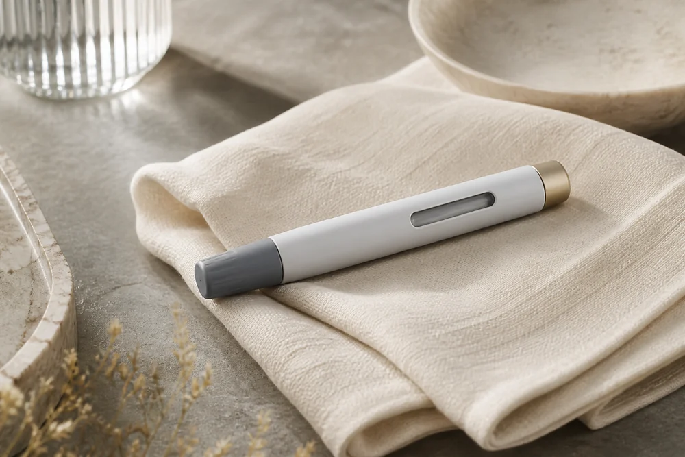 Unbranded capped injection pen on cream linen