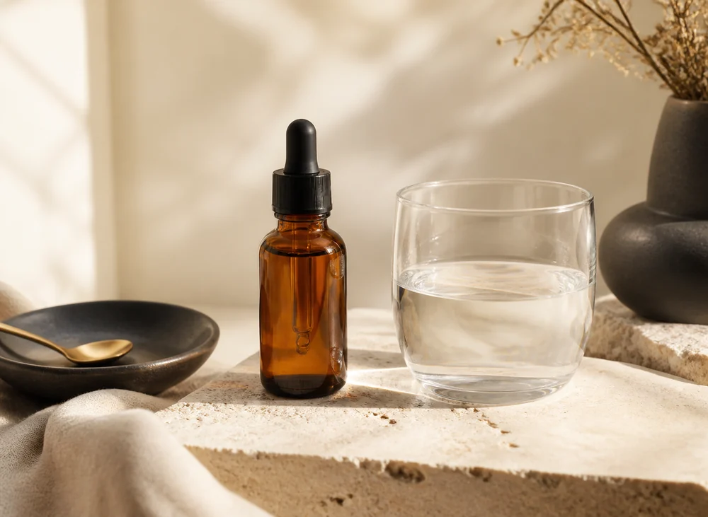 Unbranded dropper bottle beside a glass of water