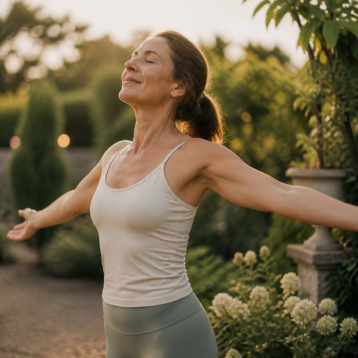 A woman enjoying a calm wellness moment outdoors
